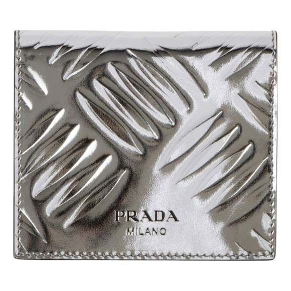 Prada Spazzolato Foldover Card Wallet Metallic Silver Embossed - Picture 1 of 5
